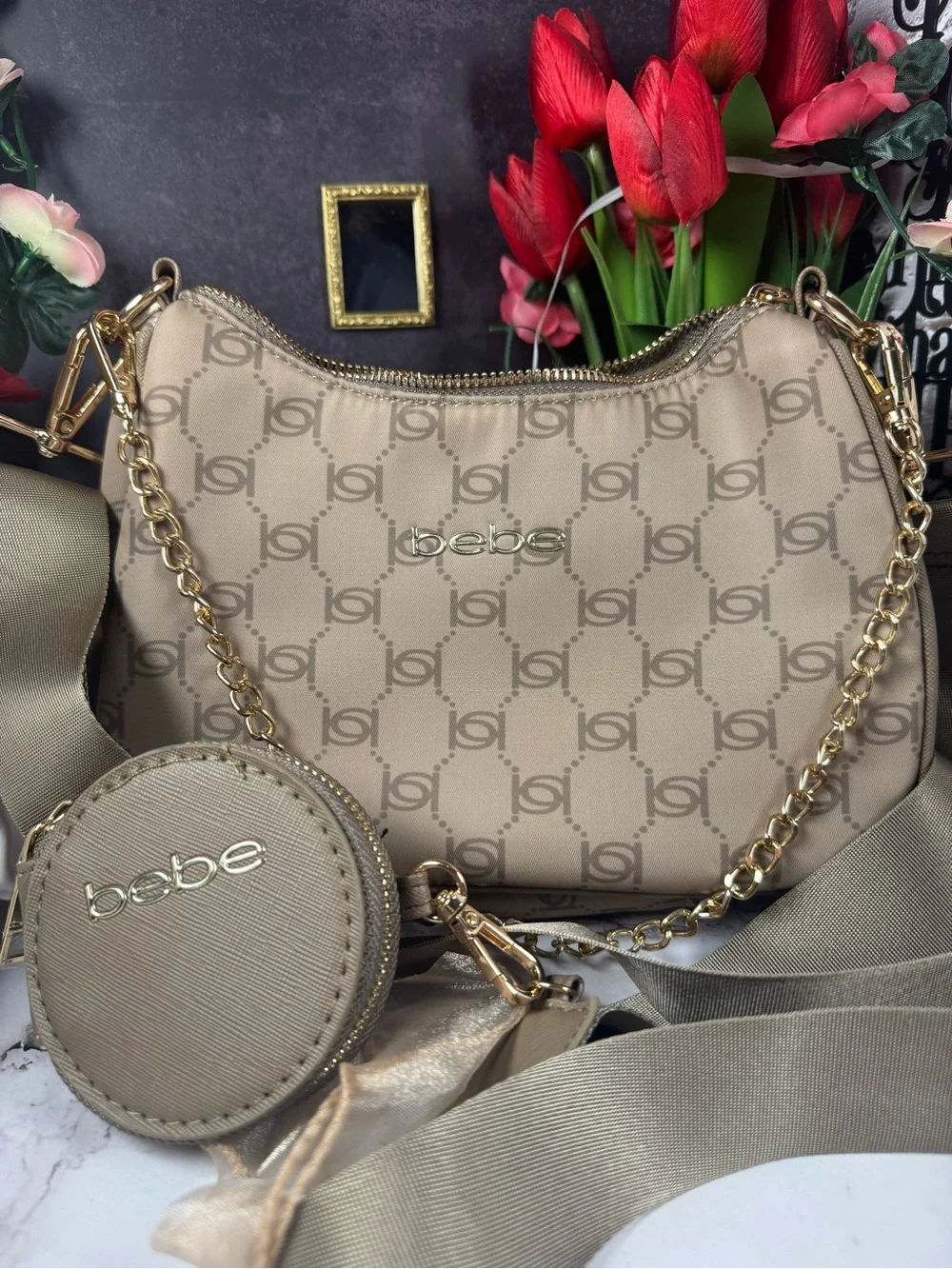 bebe Taupe Logo Crossbody with Gold Chain & Coin Pouch
